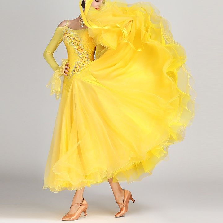 ダンス衣装 豪華ビジュー装飾オフショルダー社交ダンスドレス