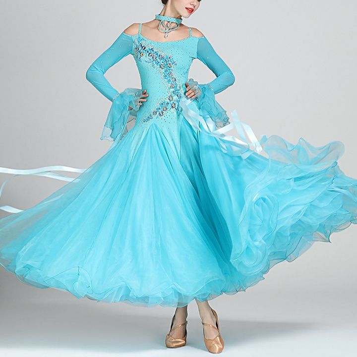 ダンス衣装 豪華ビジュー装飾オフショルダー社交ダンスドレス