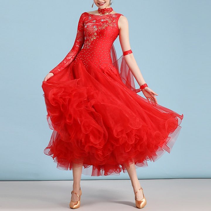 ダンス衣装 煌めきビジュー付き多重フリルロングドレス