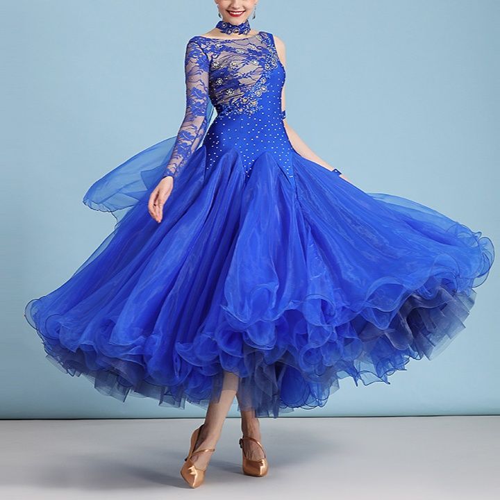 ダンス衣装 煌めきビジュー付き多重フリルロングドレス