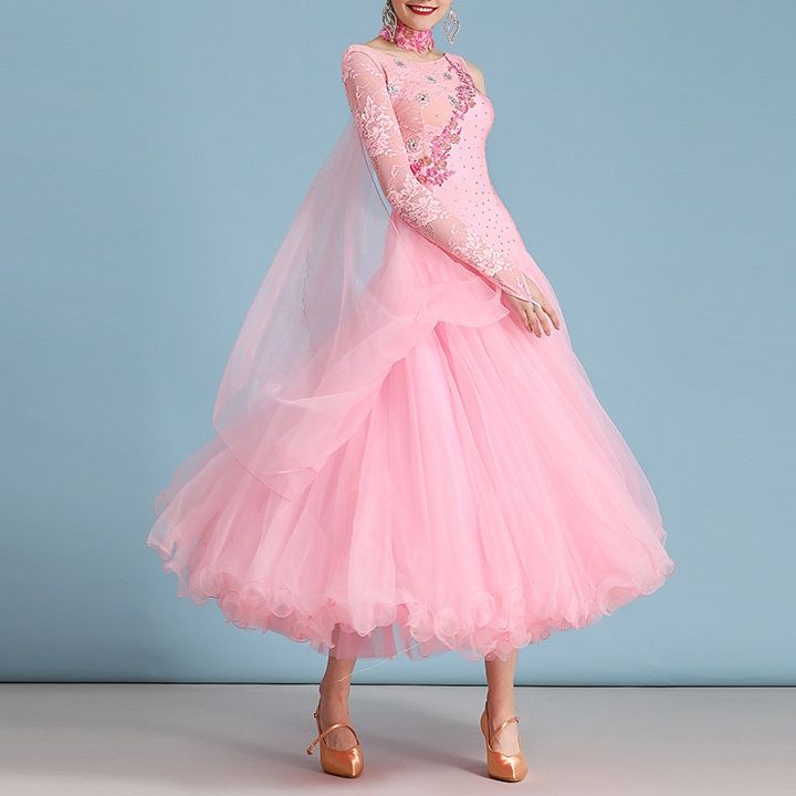 ダンス衣装 煌めきビジュー付き多重フリルロングドレス