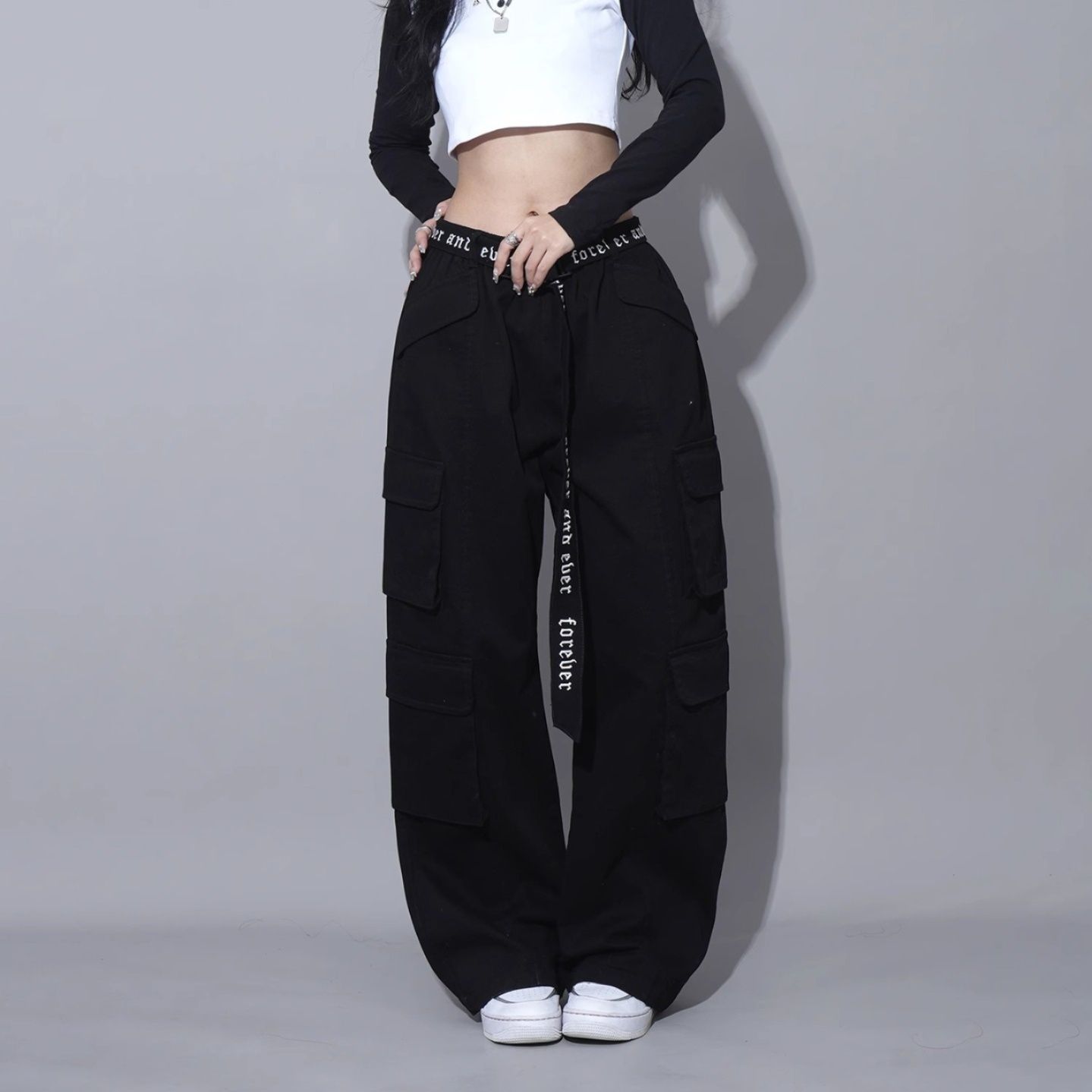 ダンス衣装 多機能ポケット付きワイドカーゴパンツセットアップ
