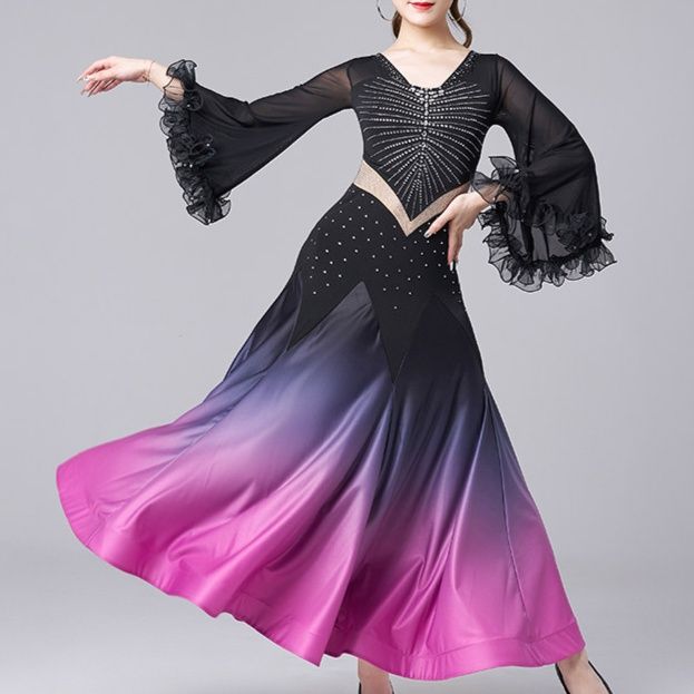 ダンス衣装 グラデーション裾広がりロングドレス輝石装飾付き