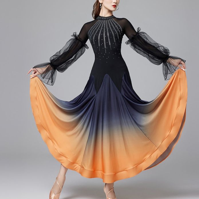ダンス衣装 グラデーションチュールスリーブ社交ダンスドレス