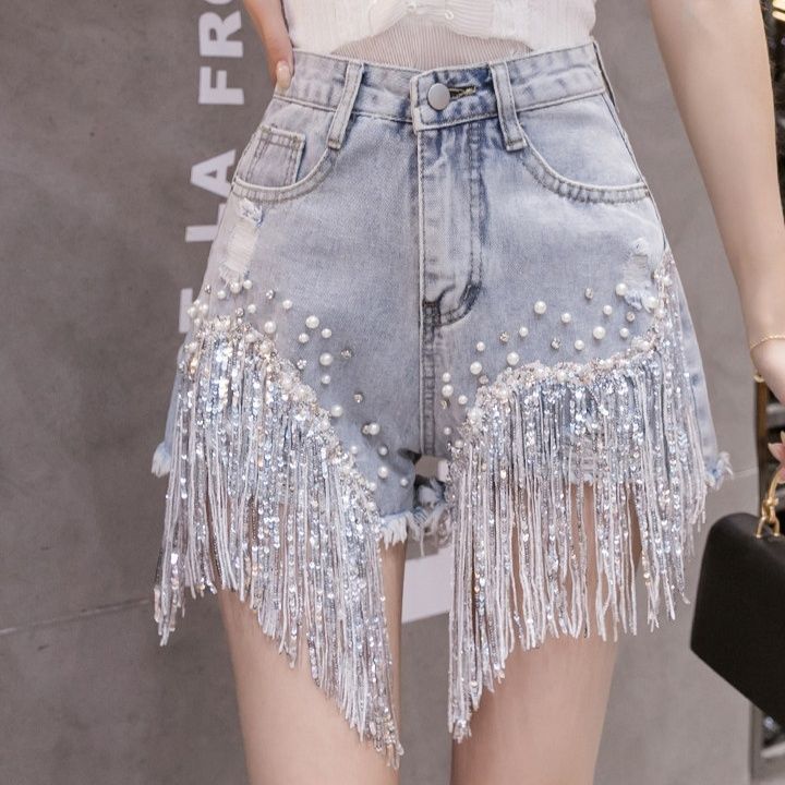 ダンス衣装 パール装飾フリンジデニムショートパンツ