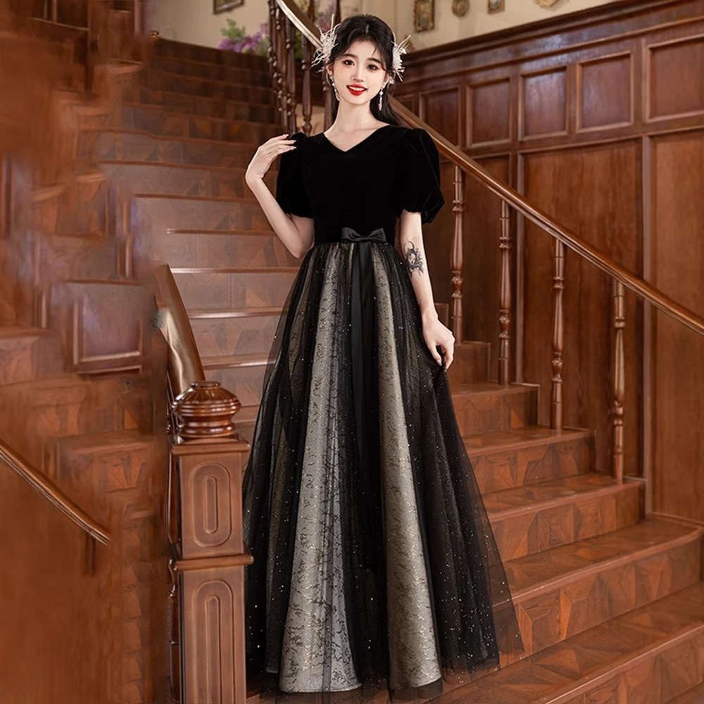 ダンス衣装 ベルベットパフスリーブチュールロングドレス