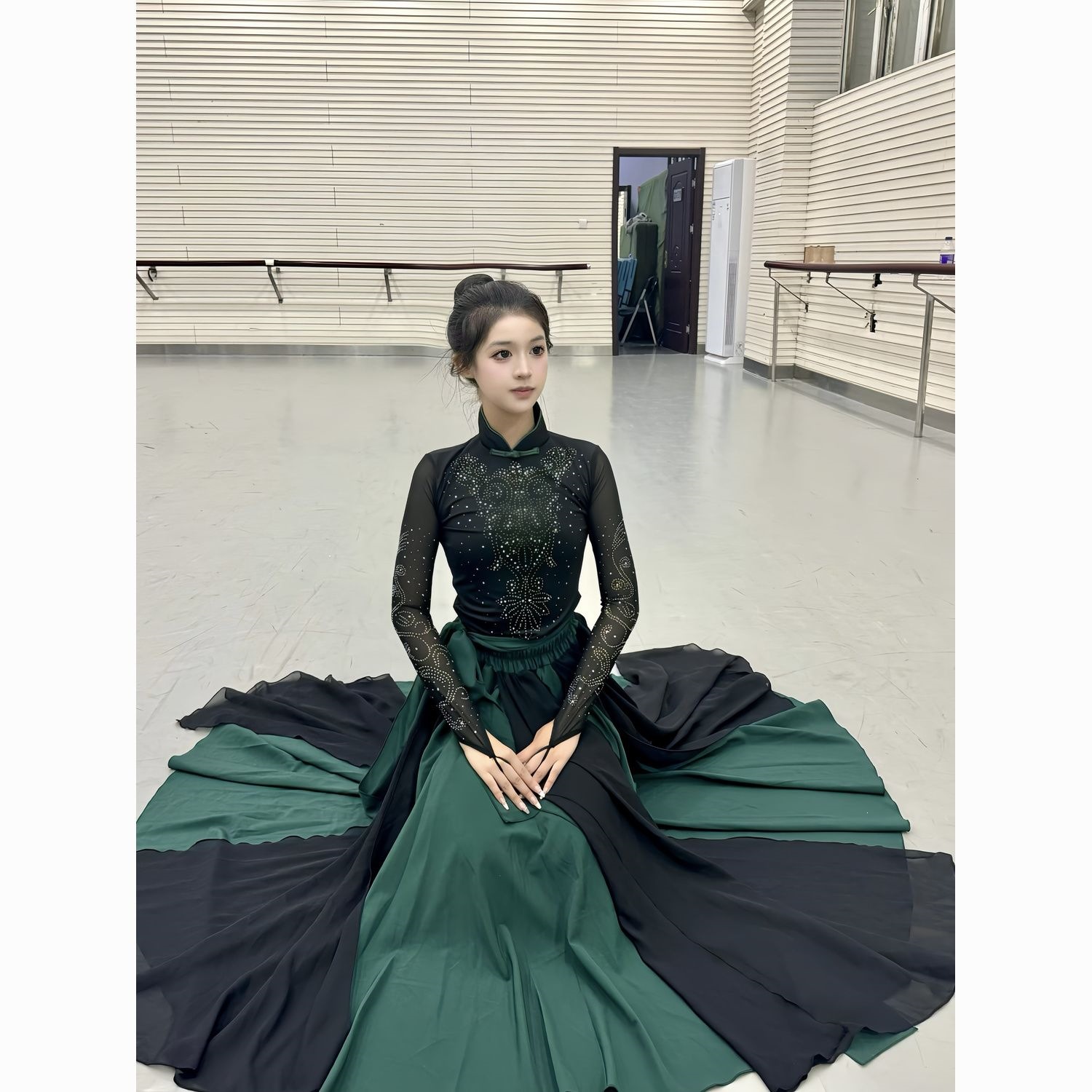ダンス衣装 華やか輝石装飾長袖ボリュームロングドレス