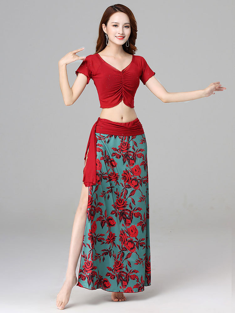 ダンス衣装 薔薇柄シフォンロングスカート付きベリーダンスセット