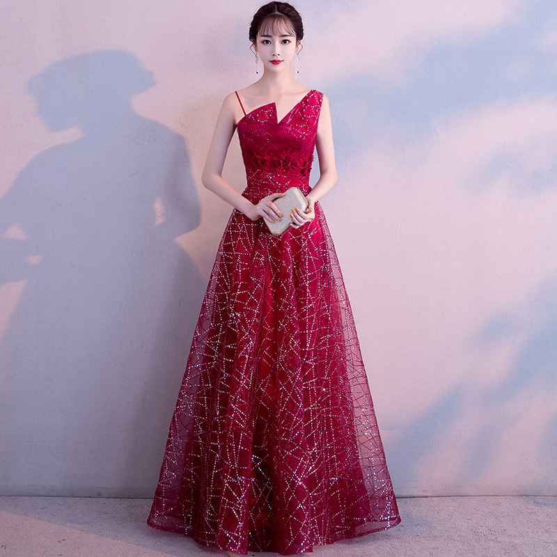 ダンス衣装 星空煌めくアシンメトリー肩袖ロングドレス