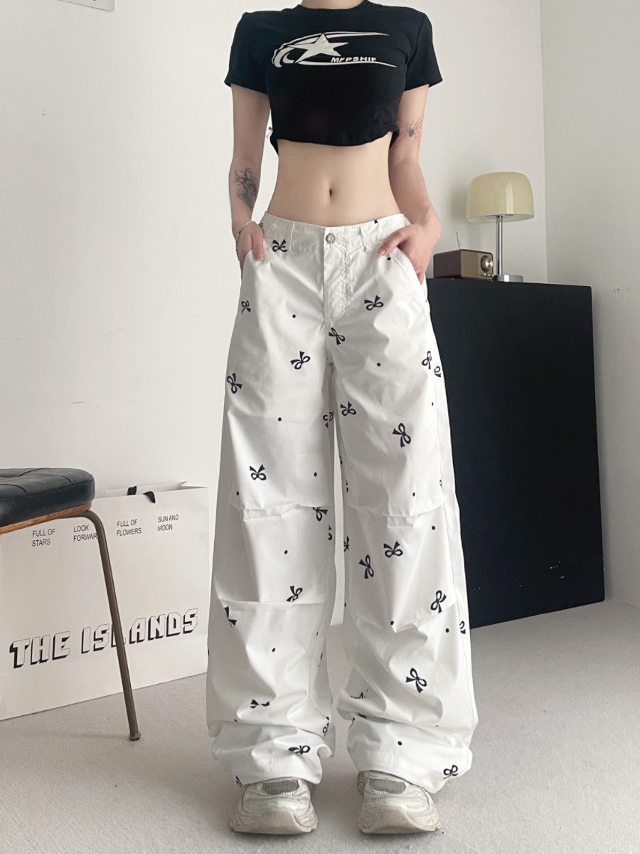 ダンス衣装 星柄クロップトップとリボン柄ワイドパンツセット