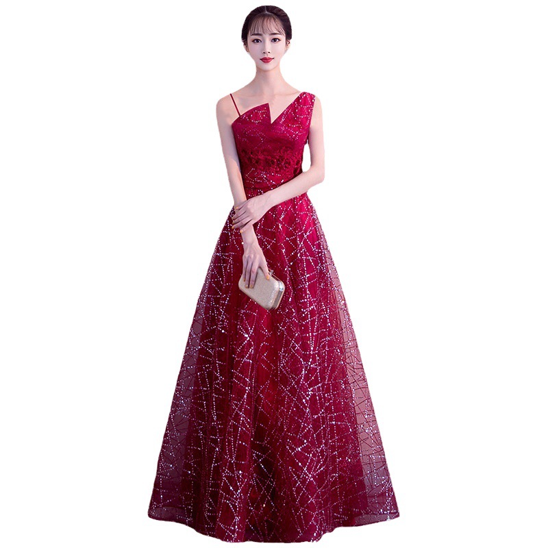 ダンス衣装 星空煌めくアシンメトリー肩袖ロングドレス