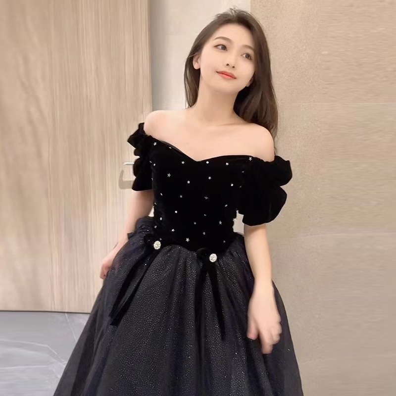 ダンス衣装 煌めきパールオフショルダープリンセスロングドレス