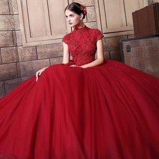 ダンス衣装 花刺繍パフスリーブボリューム裾ロングドレス