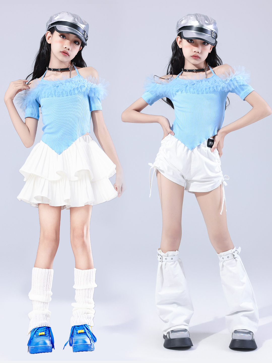 ダンス衣装 ふわふわファー付きオフショルダーダンスセット