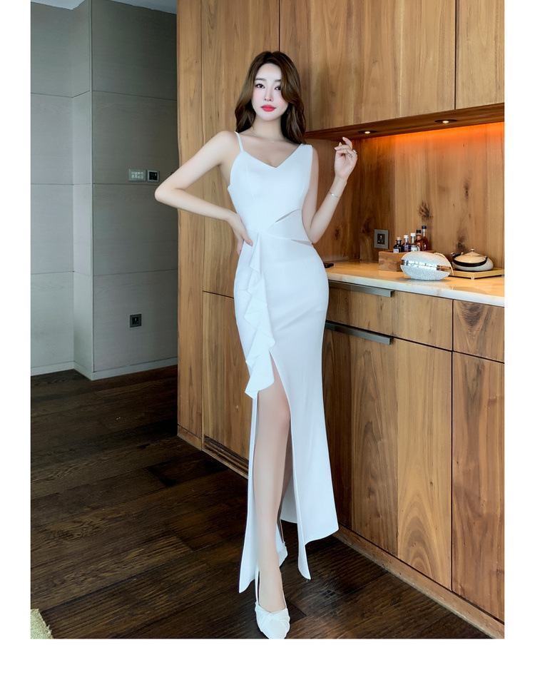 ダンス衣装 サイドカット装飾フリルアシンメトリーロングドレス