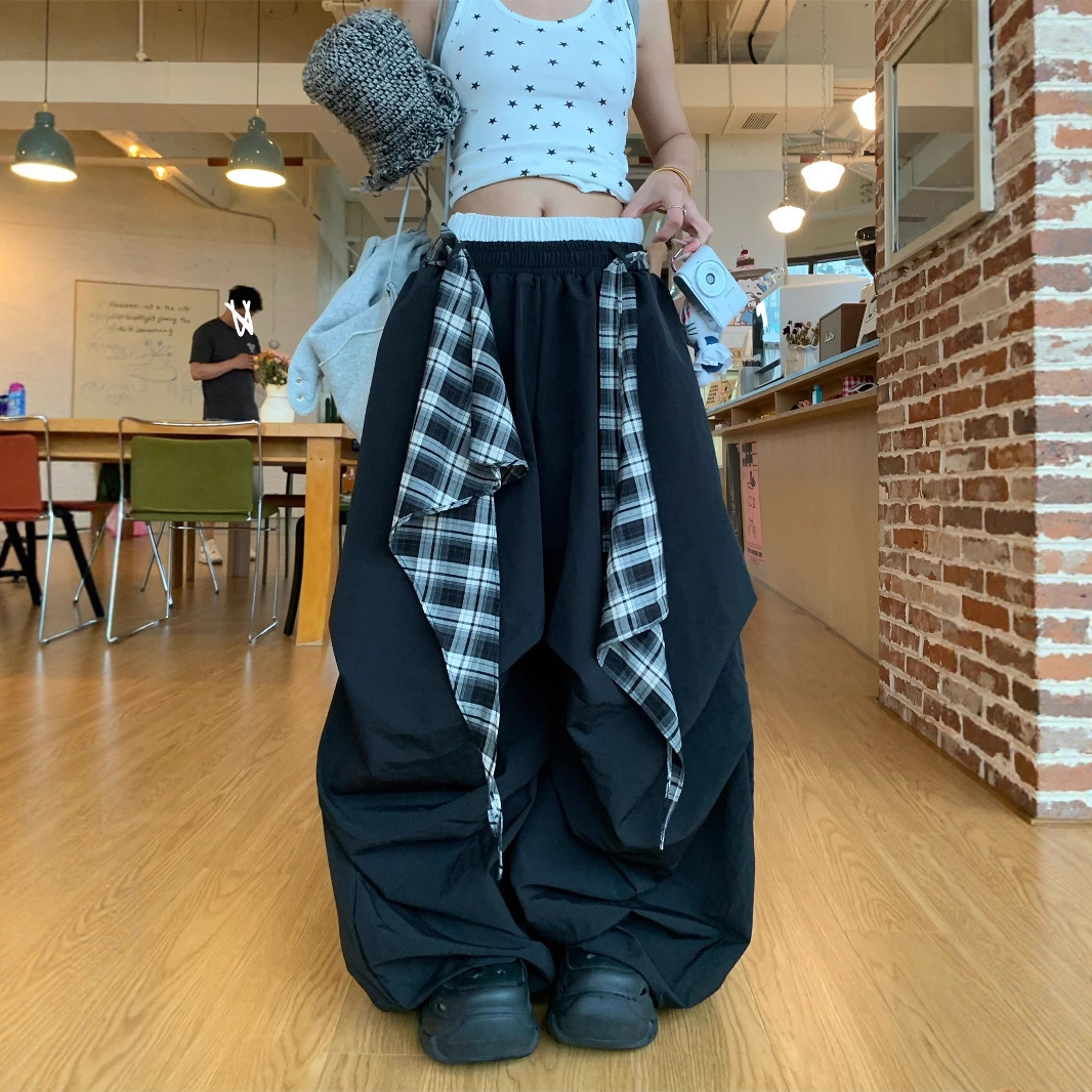 ダンス衣装 チェック柄切替ワイドパンツ