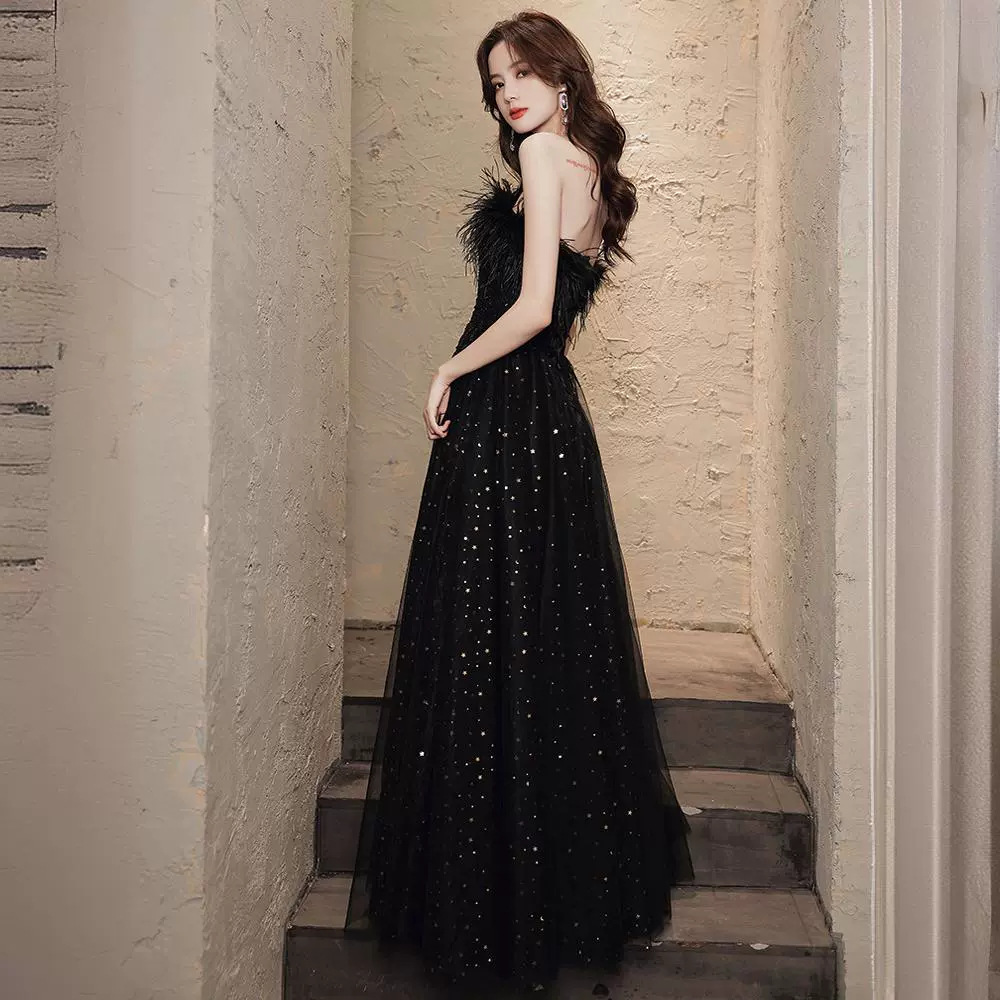 ダンス衣装 羽根飾りベアトップ煌めきチュール舞踏会衣装