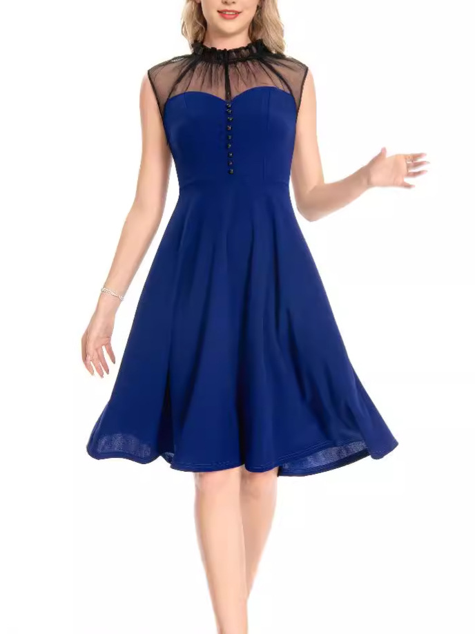 ダンス衣装 透け感ハイネック膝丈フレアダンス衣装