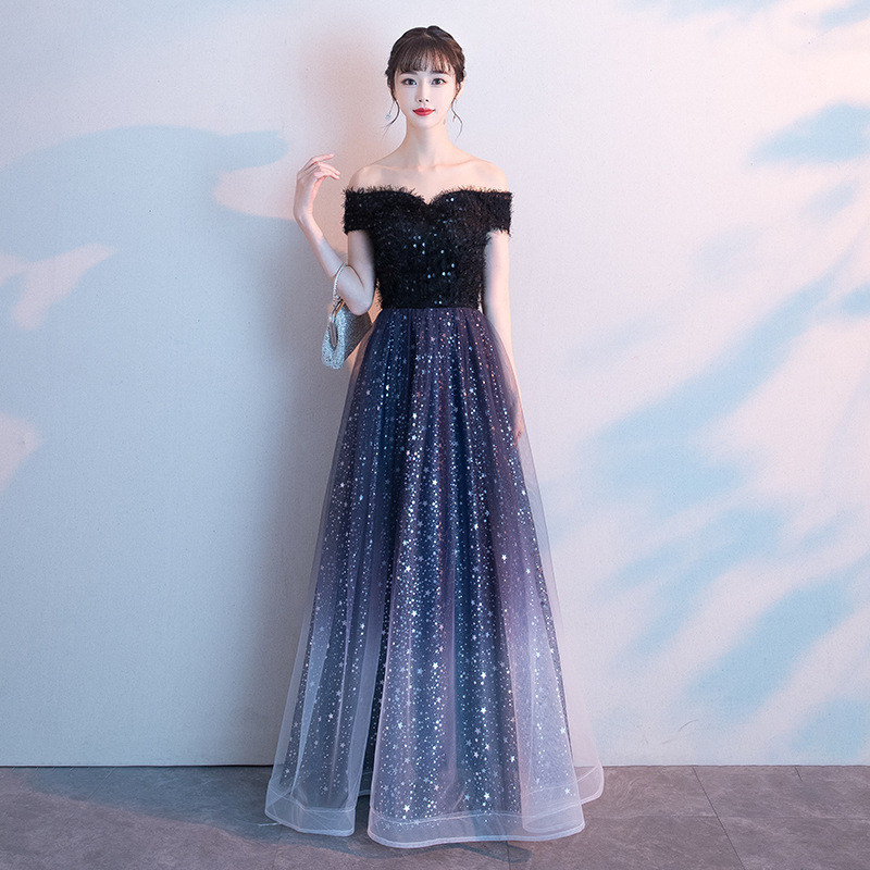 ダンス衣装 星空グラデーションオフショルダーロングドレス