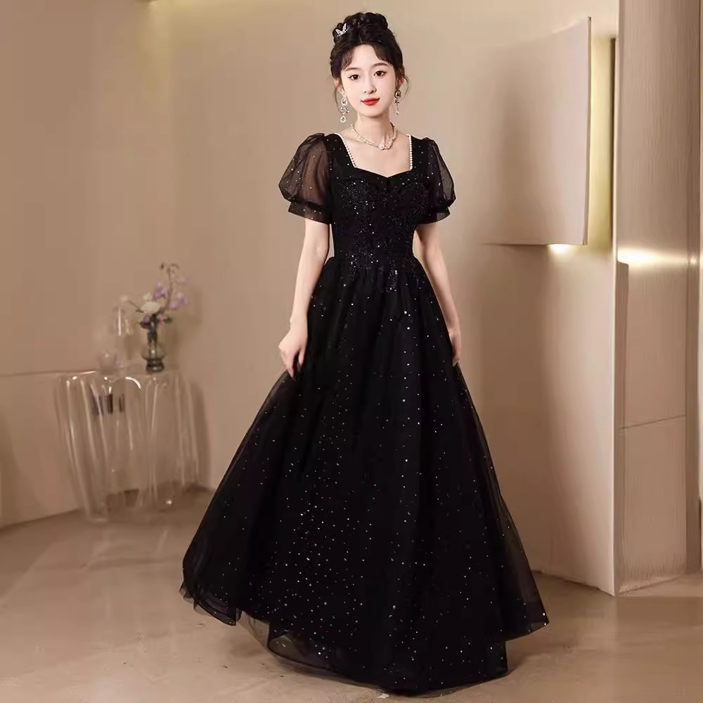 ダンス衣装 星空きらめくパフスリーブロングドレス