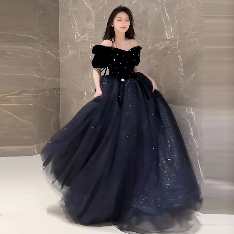 ダンス衣装 煌めきパールオフショルダープリンセスロングドレス