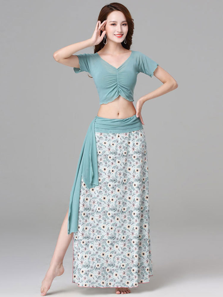 ダンス衣装 薔薇柄シフォンロングスカート付きベリーダンスセット