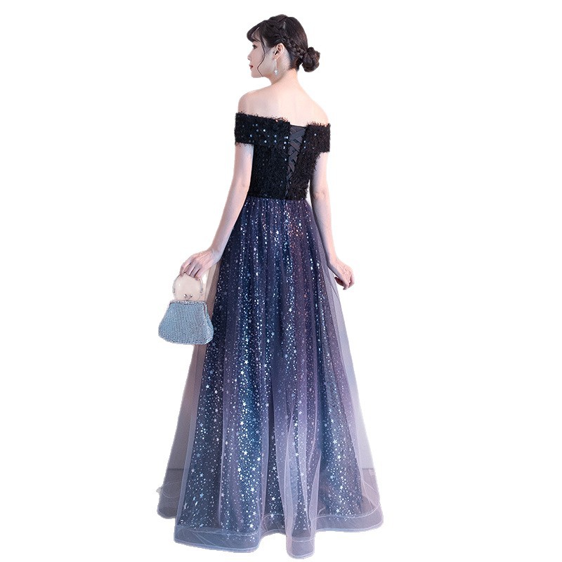 ダンス衣装 星空グラデーションオフショルダーロングドレス