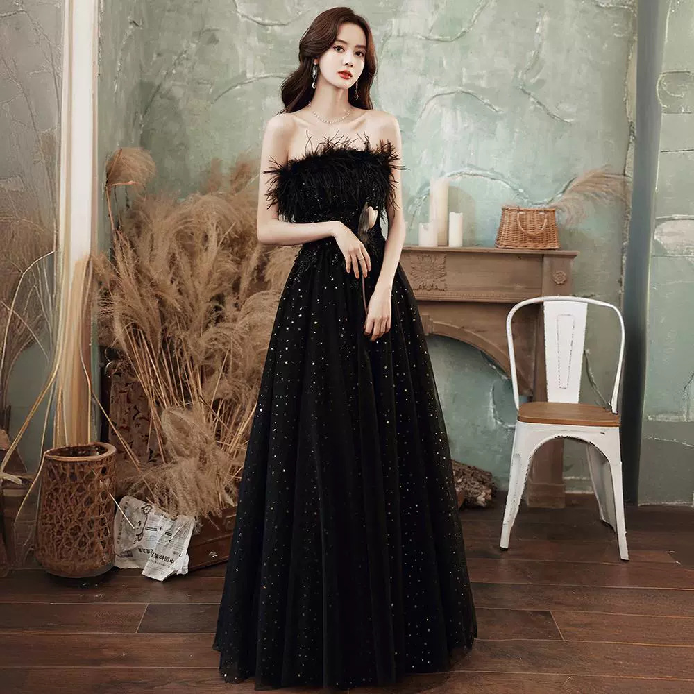 ダンス衣装 羽根飾りベアトップ煌めきチュール舞踏会衣装