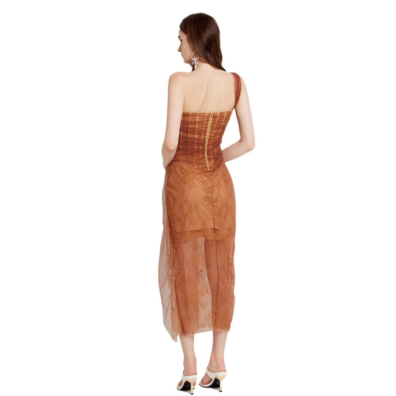 ダンス衣装 煌めく花柄刺繍レース無肩紐ロング舞踏服