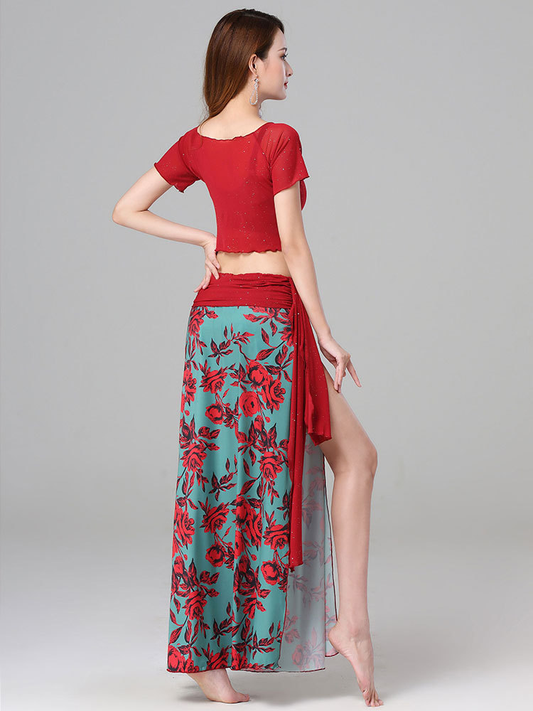 ダンス衣装 薔薇柄シフォンロングスカート付きベリーダンスセット