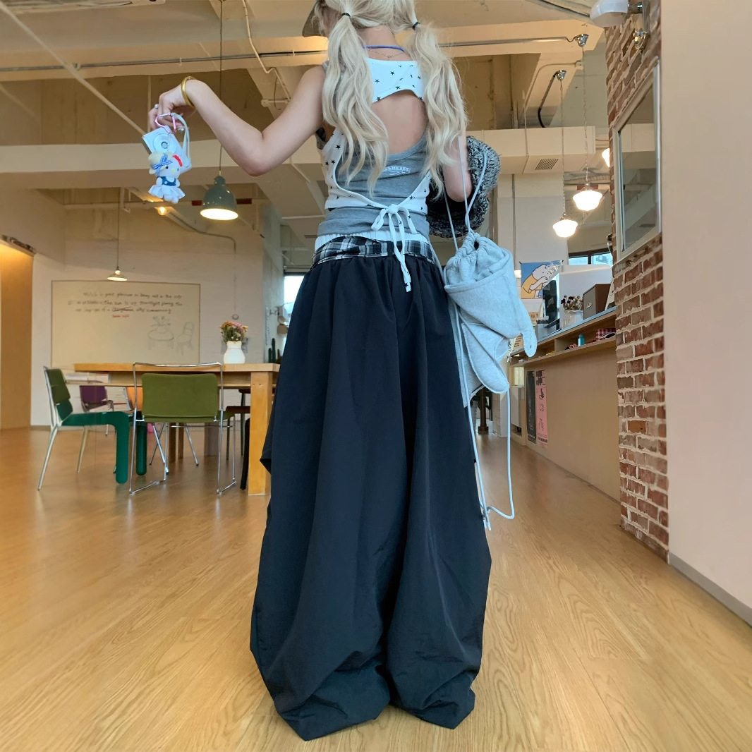 ダンス衣装 チェック柄切替ワイドパンツ