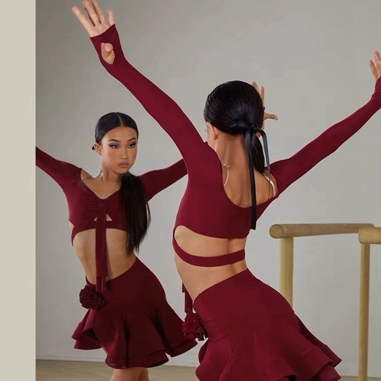 ダンス衣装 オフショルダーリボン付き多段フリルラテンダンスセット