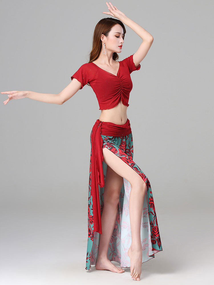 ダンス衣装 薔薇柄シフォンロングスカート付きベリーダンスセット