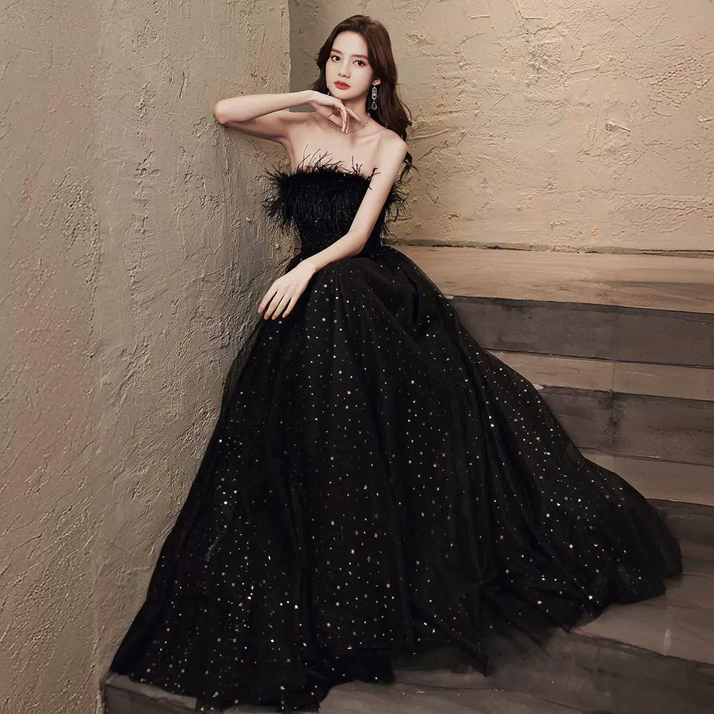 ダンス衣装 羽根飾りベアトップ煌めきチュール舞踏会衣装