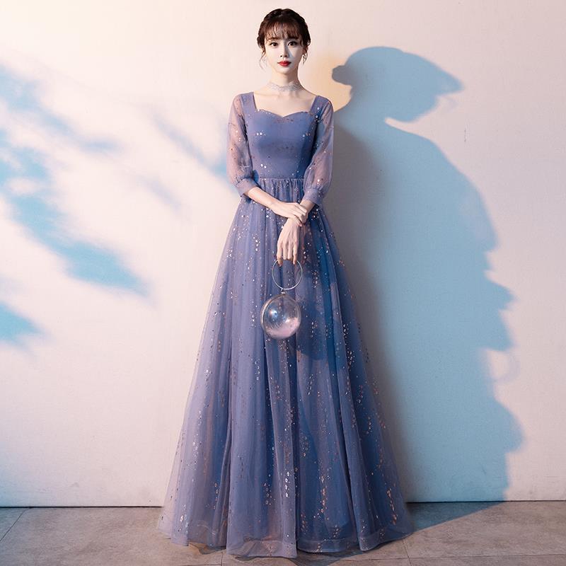 ダンス衣装 星空輝くシアー袖付きロング丈社交ダンスドレス