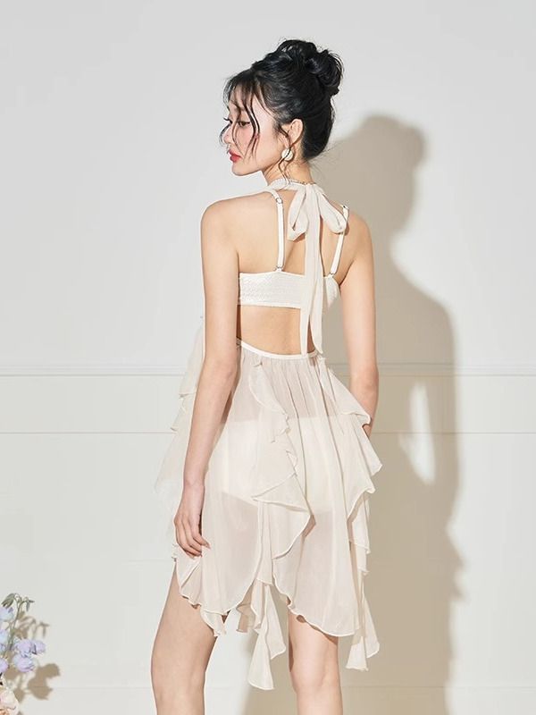 ダンス衣装 多層フリル華やかホルターネック舞踏服