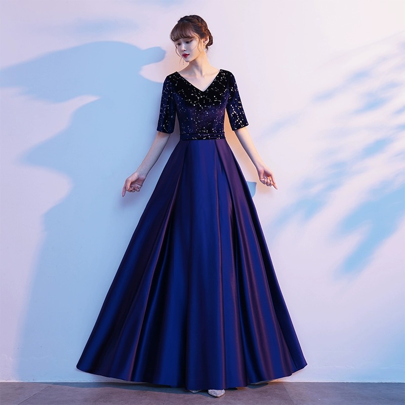 ダンス衣装 星空スパンコール五分袖ロング社交ダンスドレス