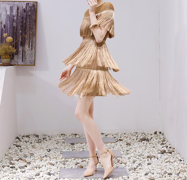 ダンス衣装 多層フリンジ装飾社交舞踊用短袖衣装