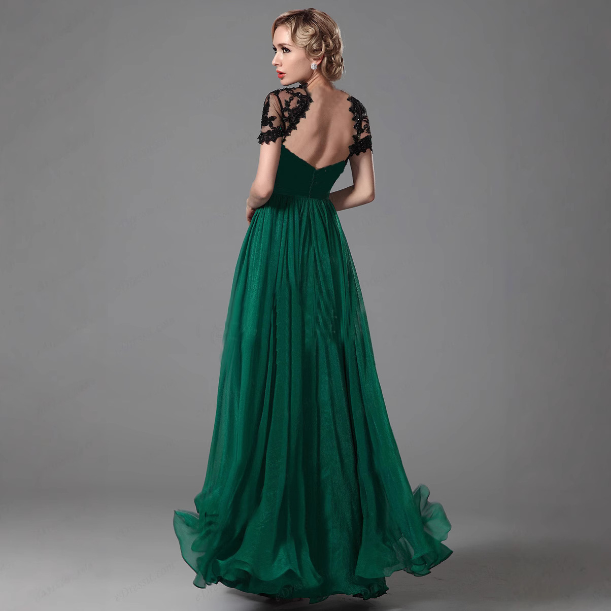 ダンス衣装 花柄刺繍レース袖付きハートネックロングドレス