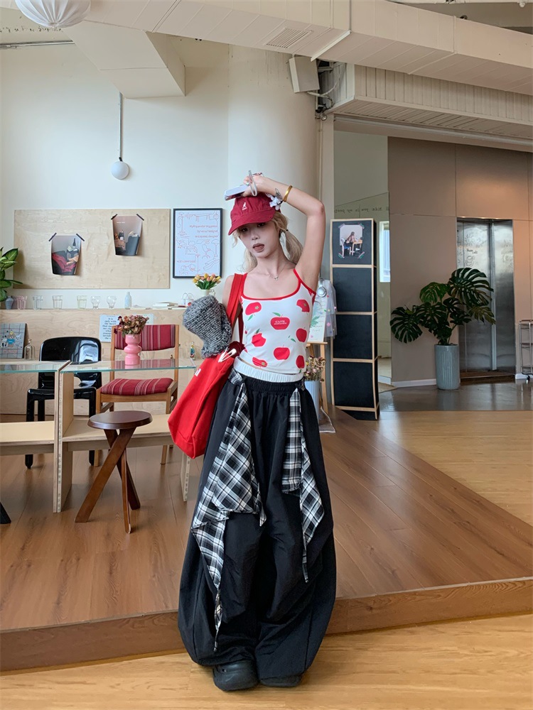 ダンス衣装 チェック柄切替ワイドパンツ