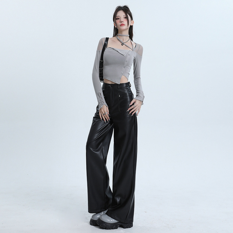 ダンス衣装 合成皮革ワイドパンツとへそ出しトップスセット