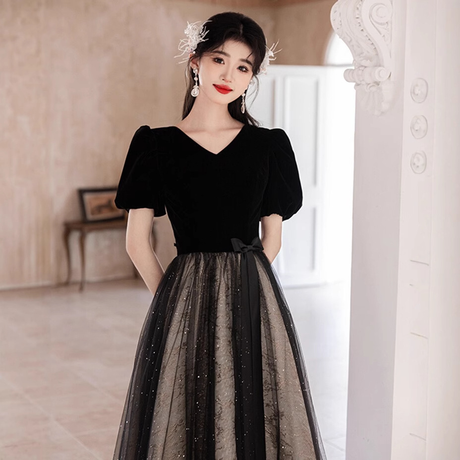 ダンス衣装 ベルベットパフスリーブチュールロングドレス