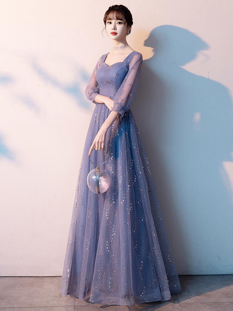 ダンス衣装 星空輝くシアー袖付きロング丈社交ダンスドレス