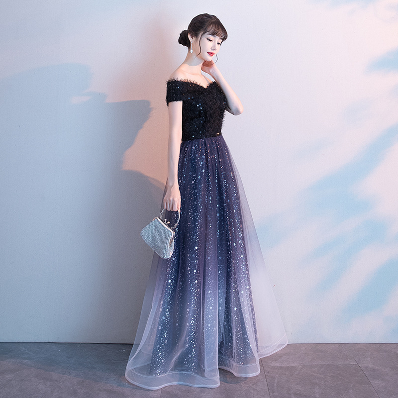 ダンス衣装 星空グラデーションオフショルダーロングドレス