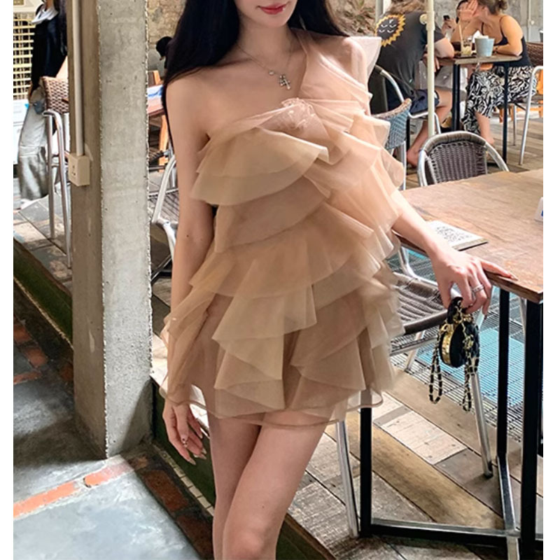 ダンス衣装 華やかフリル重ねオフショルダーミニ丈ドレス