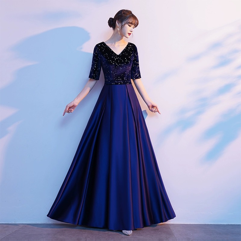 ダンス衣装 星空スパンコール五分袖ロング社交ダンスドレス