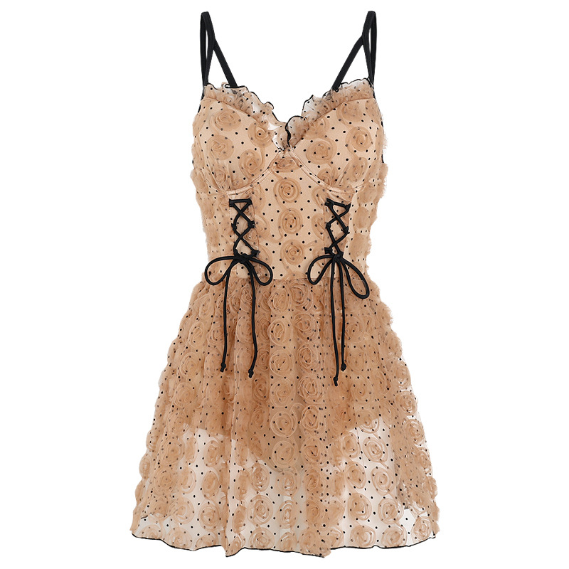 ダンス衣装 編み上げリボン付きドット柄キャミソールドレス