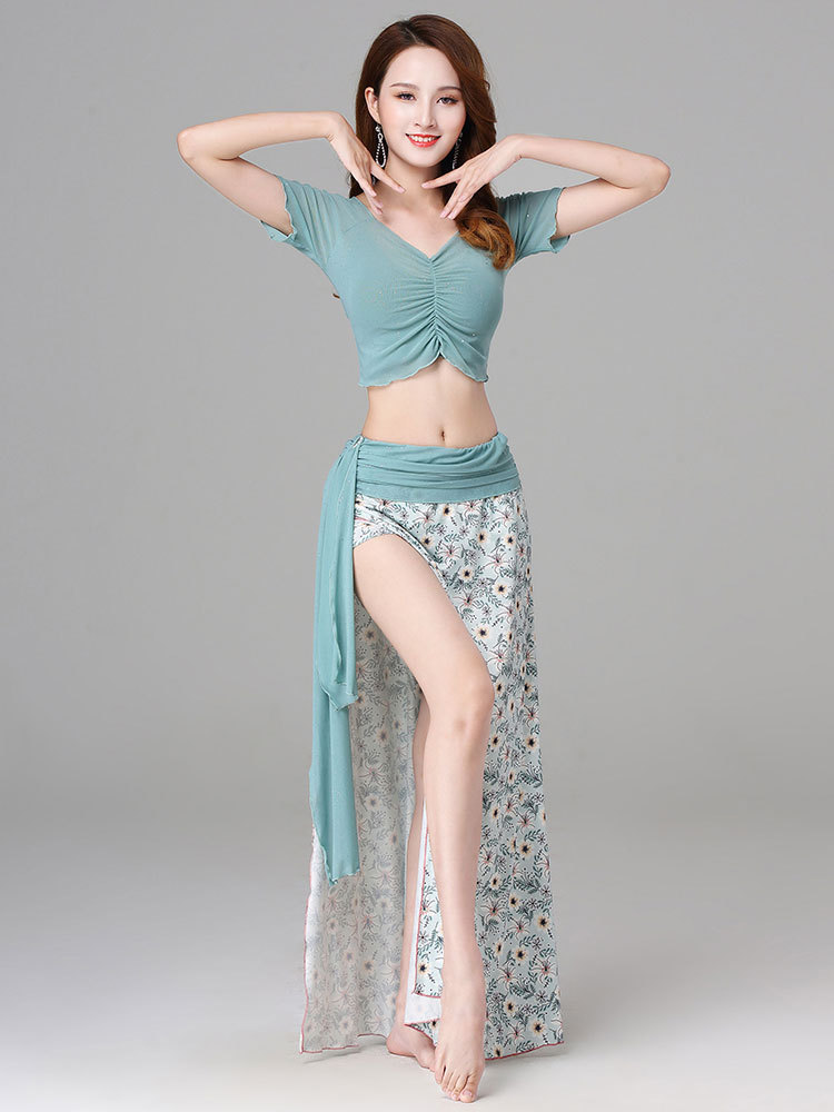 ダンス衣装 薔薇柄シフォンロングスカート付きベリーダンスセット