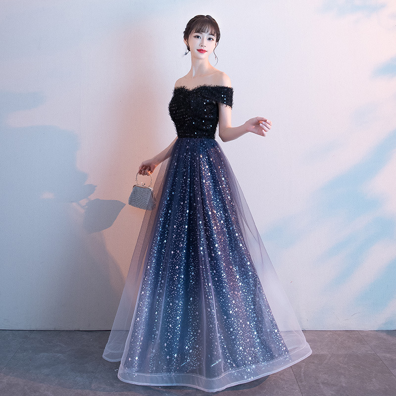 ダンス衣装 星空グラデーションオフショルダーロングドレス