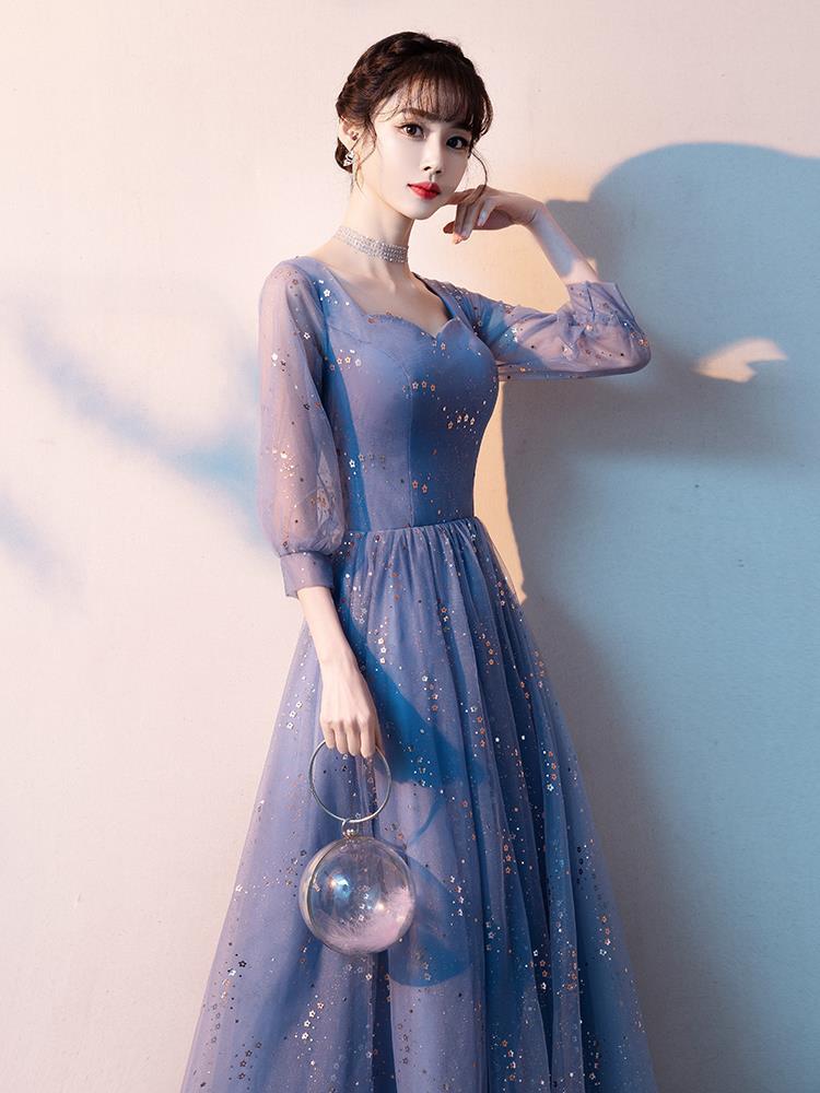 ダンス衣装 星空輝くシアー袖付きロング丈社交ダンスドレス